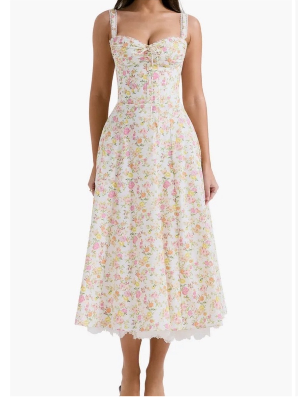 HOUSE OF CB Floral Lace-Trim Midi Dress in Blue and Pink